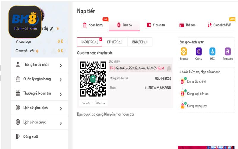 Hướng dẫn các thao tác nạp tiền BK8 qua ví tiền ảo USDT cực đơn giản